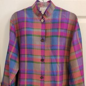 Button up plaid multicolor 100% raw silk blouse
